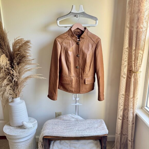 Reba Top Stitched 100% Leather Button Front Jacket - Picture 1 of 9